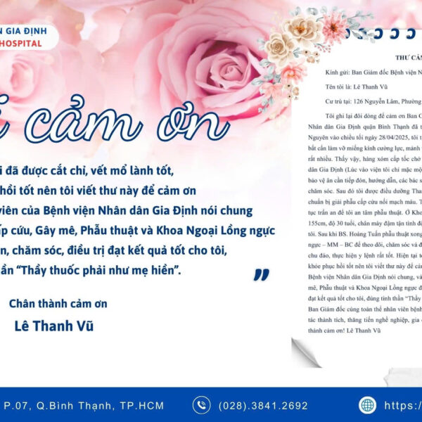 Thư cảm ơn gửi đến đội ngũ y bác sĩ Khoa Cấp cứu, Khoa Gây mê Hồi sức, Khoa Ngoại lồng ngực Mạch máu, Đội Bảo vệ