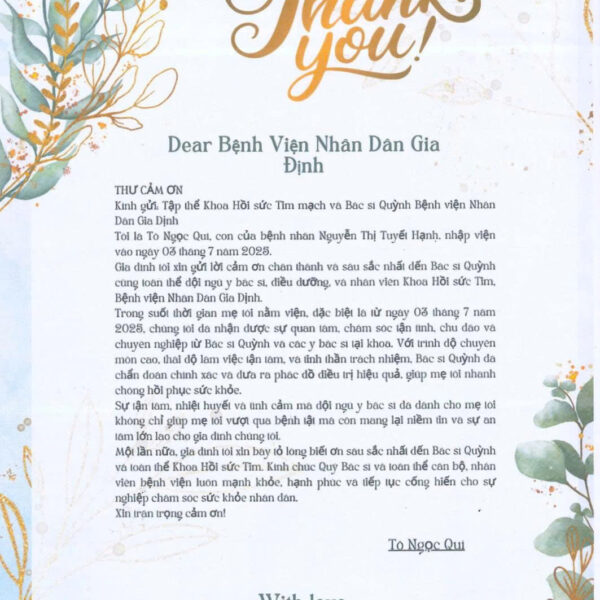 Thư cảm ơn người bệnh gửi đến đội ngũ y bác sĩ khoa Hồi sức tim mạch